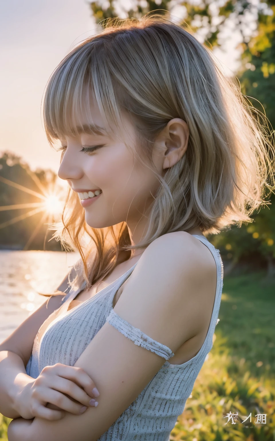 (masterpiece, highest quality), (Real Photo, Intricate details), (afternoon, sun, sunny) Ludikou, embrace the sun, the sun hits the body, eyes are slightly closed. (1 girl, Short, messy white hair, embracing the sun, Lift your chin and laugh, profile) Spread your arms,