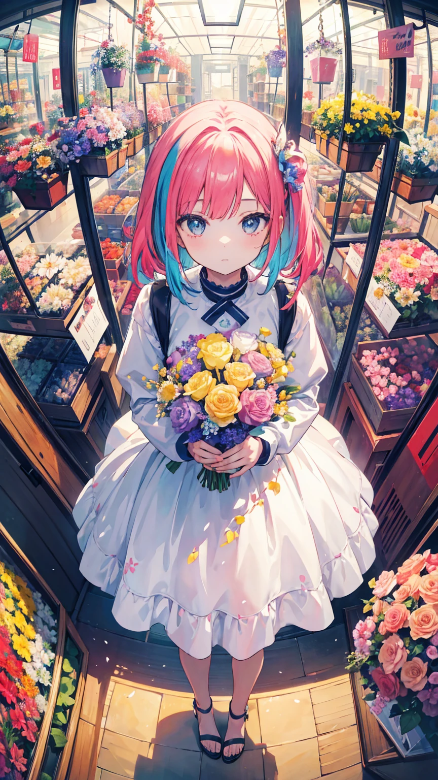 (masterpiece, best quality), (colorful:1.4), from above, solo, 1girl standing in a flower shop with lots of bouquets on the tables and a bag of fresh blooms, depth of field, fisheye lens