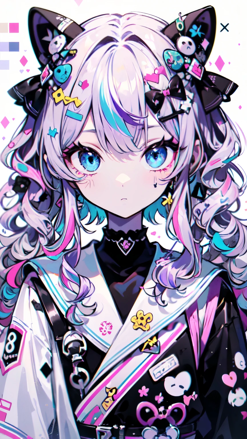 ((masterpiece、8K、highest quality)), Detailed face, Fine grain,(SupportHair)、((light purple hair))、((multi color hair))、((SupportHair))、Bright Blue Eyes、One girl、(Wavy Hair)、((Harajuku fashion))