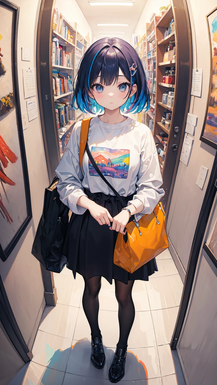 (masterpiece, best quality), (colorful:1.4), from above, solo, 1girl standing in an art gallery with lots of paintings on the walls and a bag of art supplies, depth of field, fisheye lens