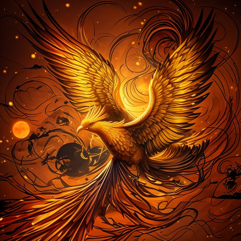 Close-up of a flying bird on a golden background, phoenix artwork, Phoenix Rise, Solarpunk Phoenix, ''Phoenix Wallpapers, with fiery Golden Wings, Phoenix Rise from the ashes, Golden Wings, with fiery Golden Wings of flame, Golden Feather, phoenix in fire, ''Phoenix Wallpapers resting, phoenix, Phoenix Warrior