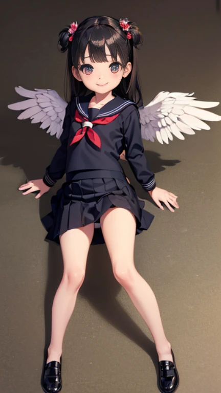 ((masterpiece)),((highest quality)),((Anatomical)),((Realistic)),((Detailed Description)),((cute)),((女の子のcute部屋)),(((fallen Angel))),((Beautiful eyes)),((Baby Face)),((Petite)),((Bewitching Smile)),((Jet-black wings)),((Sailor suit)),((skirt)),