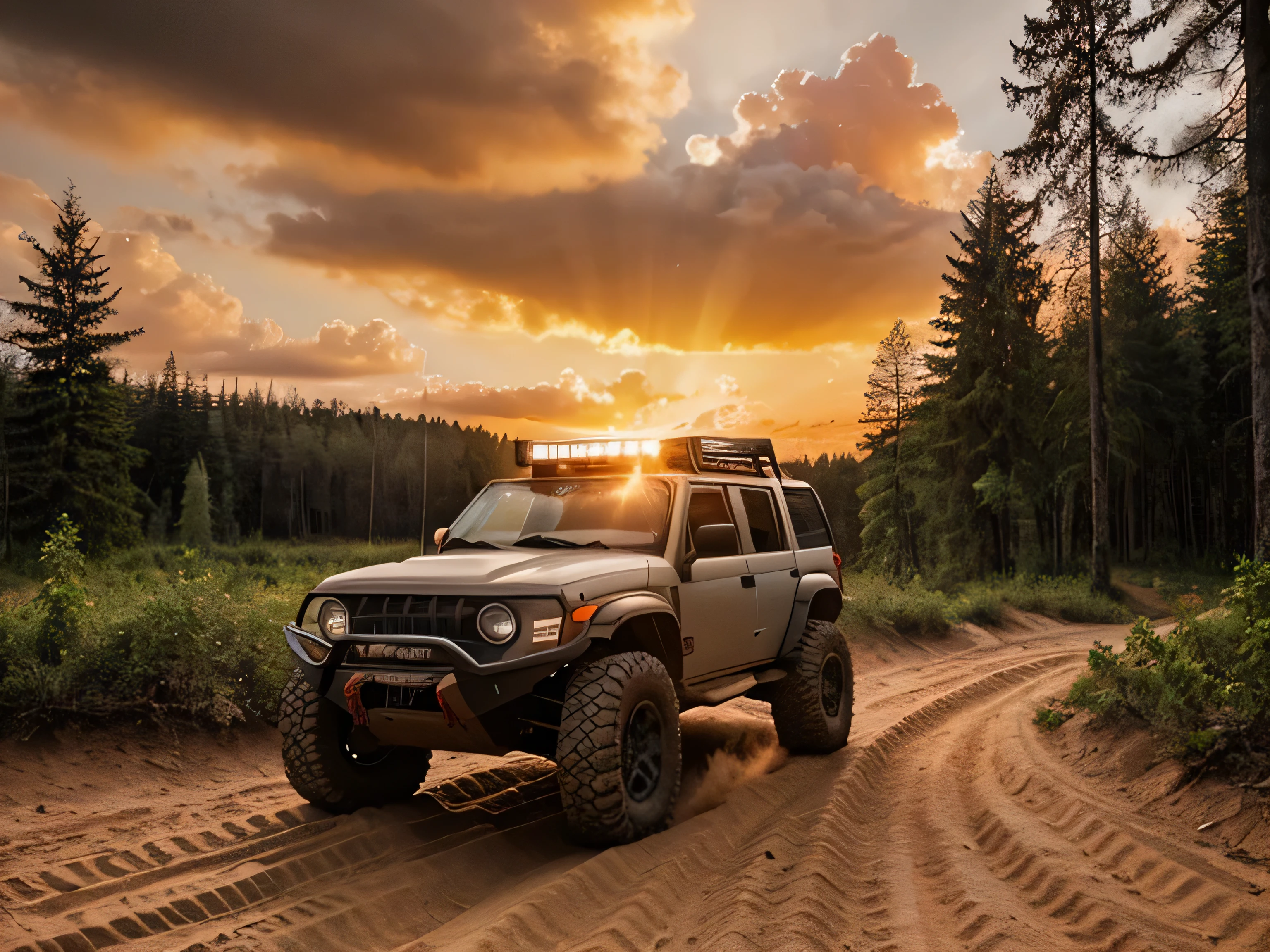 photo of offroad car, forest, sunset, clouds