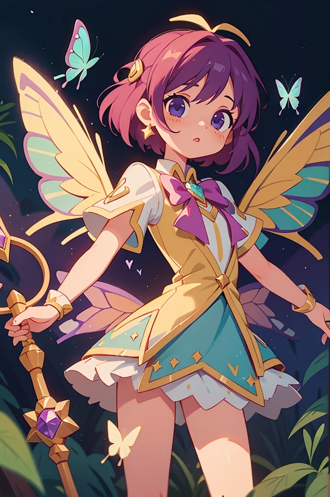 No reino encantado de League of Legends, A magical girl in a butterfly-inspired costume captivates the heart and senses. Dressed in a Star Guardian outfit, repleto de tons de roxo e rosa radiantes, She radiates cuteness that is impossible to ignore. Sua fantasia de clero, adornado com desenhos intrincados de borboletas, shows your status as a cleric: a guardian of hope and life. Ela esá com raiva, fighting and casting spells, His staff is large and has a golden butterfly on top that glows magically.. The clothes are designed with an emphasis on wings, cada pena meticulosamente trabalhada, shining with butterfly-like iridescence. A blusa emoldura seu torso elegante, a saia ondula suavemente a cada