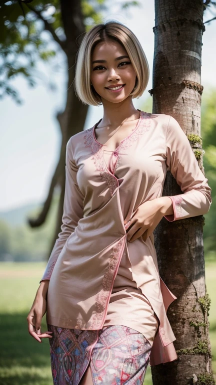 (high quality), (masterpiece), (high-resolution), original, extremely detailed 8K wallpaper, (an extremely delicate), a young Malay girl 15 years old, short blonde hair bob cut, wearing baju kurung cotton ((baju kurung cotton: 1.4)) with a flat chest ((flat chest: 1.8)) breasts, Malay hot model, attractively, plump and dainty body figure, photorealistic perfect body figure, really flat chest breasts, ultra realistic picture, perfect detail body figure, leaning seductive on a tree trunk, nose blush, big laugh,