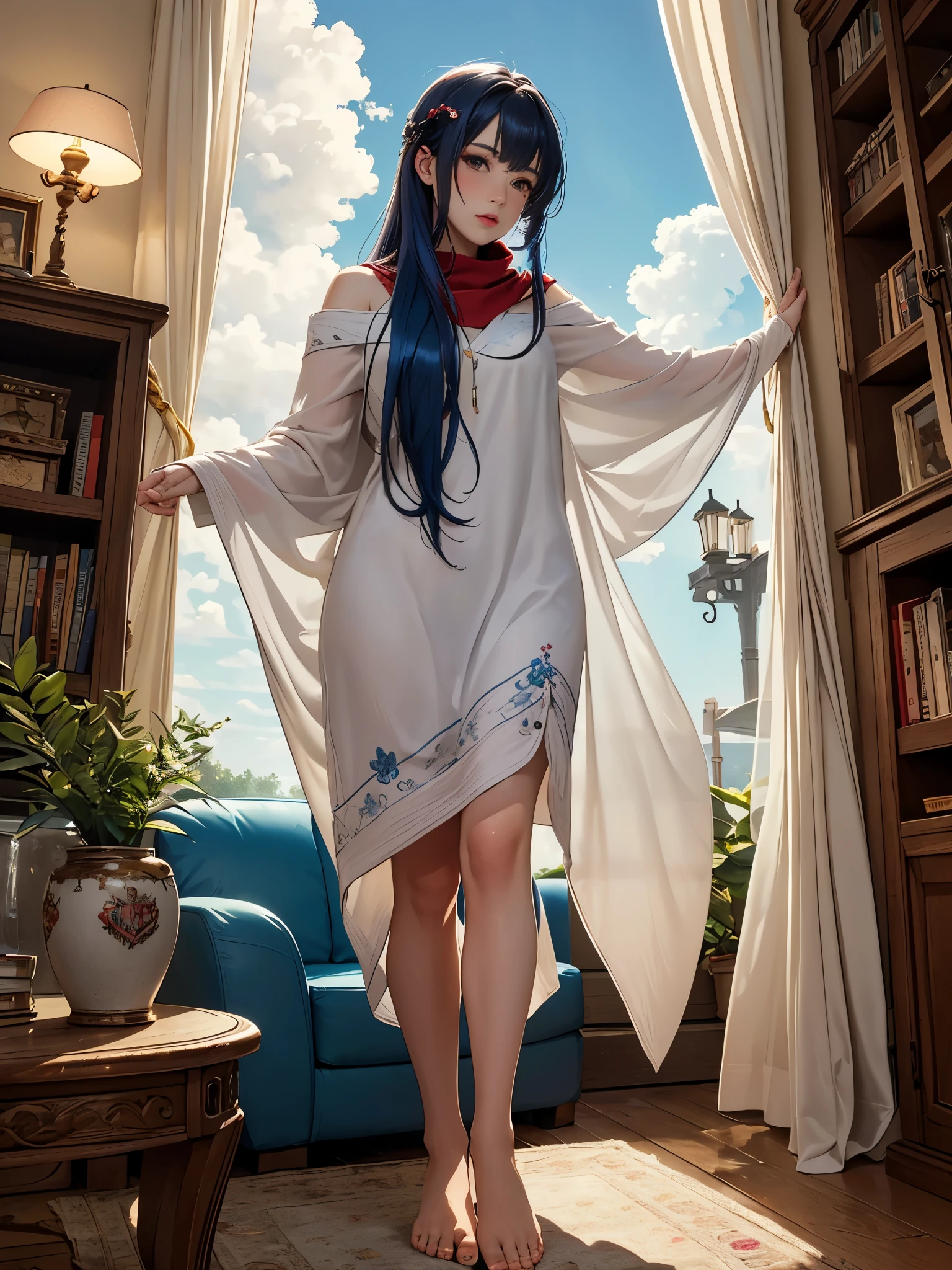 (masterpiece, best quality: 1.2), (high resolution: 1.1), (best quality), (master'Work), Facing the audience, Dynamic angle, Sky, cloud, (1 truck, Focus only: 1.4), Lovely, decoration, (jewelry: 0.75), (blush: 0.9), (tape: 0 .9), barefoot, Living room, sofa, window, curtain, dappled sunshine, Potted plants, table, cabinet, bookcase, lamp, Ahog, (shawl, Long hair, ruby red hair, blue inner hair, shiny hair, Glowing skin: 1.1),