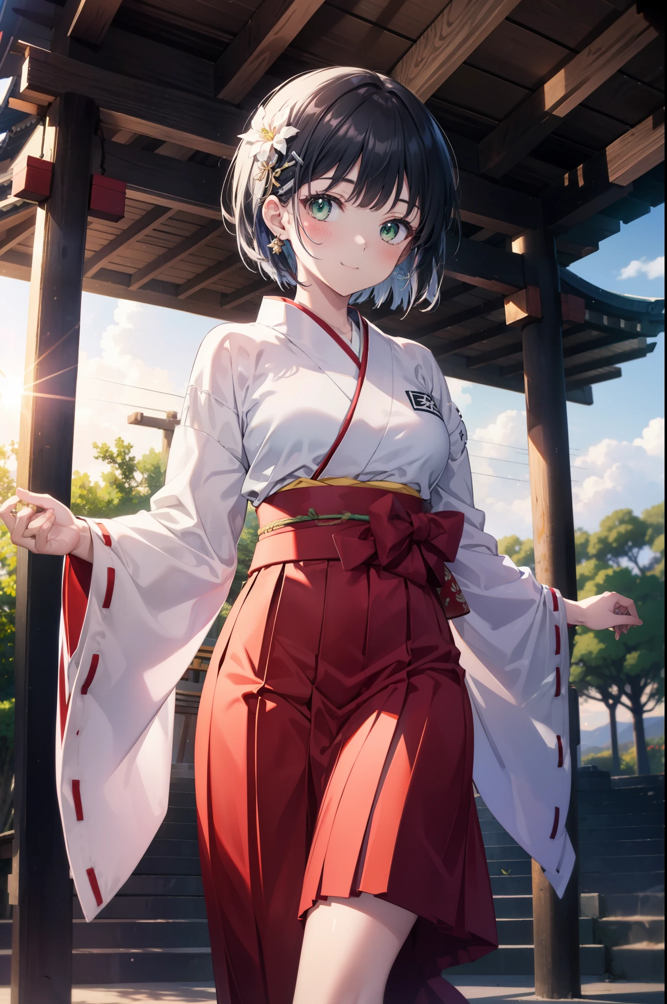 Suguhakirigaya, Suguhakirigaya, (Green Eyes:1.2), hair ornaments, Hair Clip, short hair,blush,smile, Black Hair,Platycodon grandiflorum,Miko, White Kimono, Large sleeves,red hakama,kimono, white foot bag,Zori sandals,As with the skirt, Wide sleeves, Long sleeve, Ribbon-trimmed sleeves, evening,sunset,The sun is setting on the horizon,
break looking at viewer, (Cowboy Shot:1. 5)
break indoors,shrine,torii,coastal,
break (masterpiece:1.2), highest quality, High resolution, unity 8k wallpaper, (figure:0.8), (Beautiful fine details:1.6), Highly detailed face, Perfect lighting, Highly detailed CG, (Perfect hands, Perfect Anatomy),