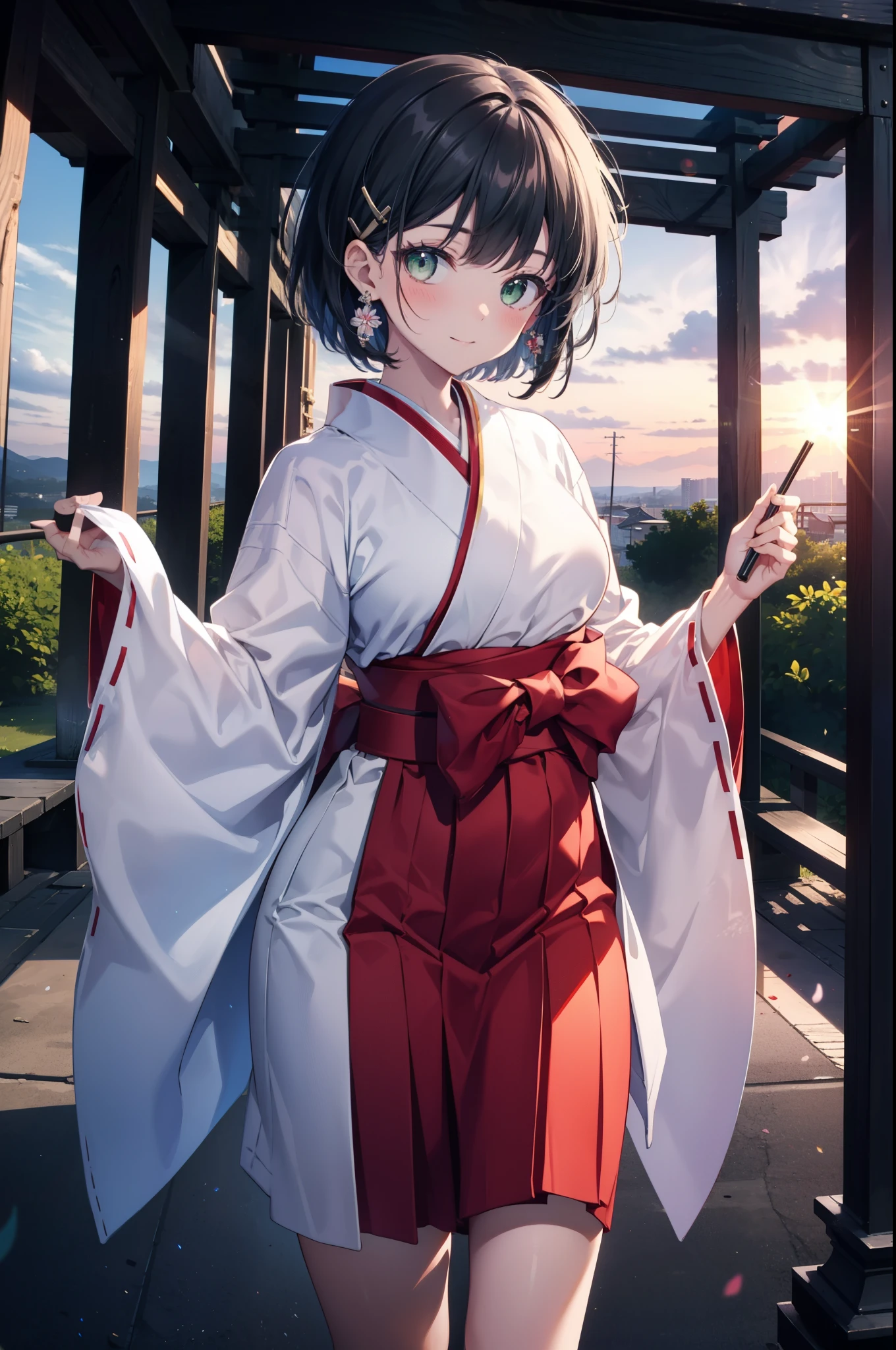 Suguhakirigaya, Suguhakirigaya, (Green Eyes:1.2), hair ornaments, Hair Clip, short hair,blush,smile, Black Hair,Platycodon grandiflorum,Miko, White Kimono, Large sleeves,red hakama,kimono, white foot bag,Zori sandals,As with the skirt, Wide sleeves, Long sleeve, Ribbon-trimmed sleeves, evening,sunset,The sun is setting on the horizon,
break looking at viewer, (Cowboy Shot:1. 5)
break indoors,shrine,torii,coastal,
break (masterpiece:1.2), highest quality, High resolution, unity 8k wallpaper, (figure:0.8), (Beautiful fine details:1.6), Highly detailed face, Perfect lighting, Highly detailed CG, (Perfect hands, Perfect Anatomy),