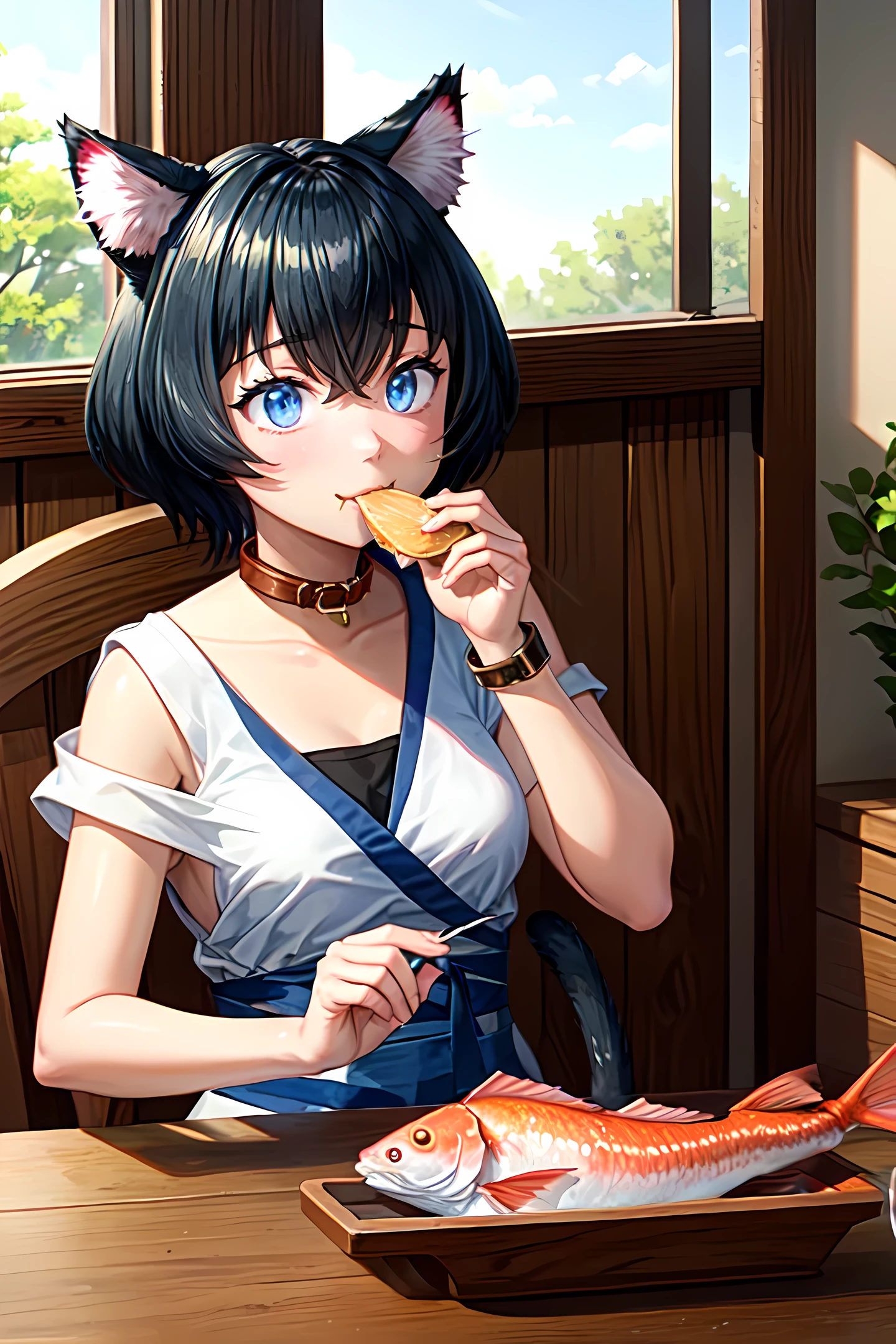 (masterpiece), (high_quality:1.3), Miria, cat ears, ((blue)) cat tail, cat girl, collar, :3, happy, holding_food, (((eating))) ((fish)), indoors, wooden_house, looking_at_viewer, morning, sunrise, [[forest]], anime