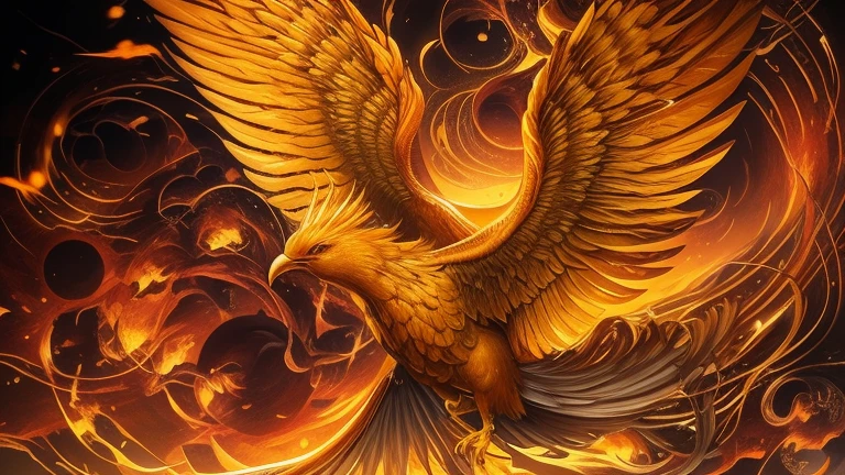 Close-up of a flying bird on a golden background, phoenix artwork, Phoenix Rise, Solarpunk Phoenix, &#39;&#39;Phoenix Wallpapers, with fiery Golden Wings, Phoenix Rise from the ashes, Golden Wings, with fiery Golden Wings of flame, Golden Feather, phoenix in fire, &#39;&#39;Phoenix Wallpapers resting, phoenix, Phoenix Warrior
