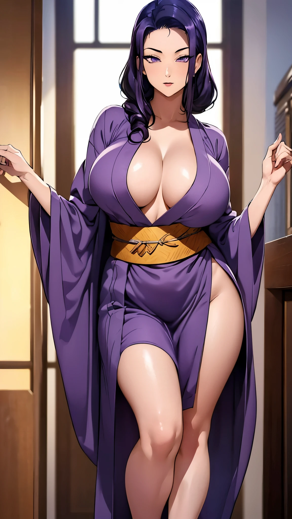 (masterpiece, best quality, detailed illustration, high resolution), ((1girl, solo)), ((huge breasts, large breasts, slim waist, long legs, fit body, toned body)), ((purple hair)), ((kimono)), ((full body, closeup view)), ((standing)), ((facing the viewer)), office setting, ((fair skin)), oiled skin, ((large breasts, mature woman, mature female, mature lady)), (long hair), (detailed eyes), ((standing)), (purple hair), (slicked hair, front bangs)