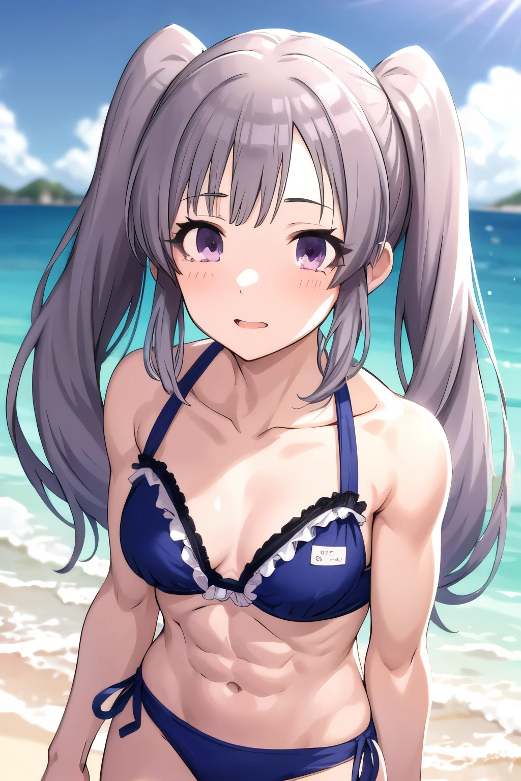 yukoku kiriko, shiny colors, masterpiece, face close up, muscular, (abs:1.3), slender, 1girl, bikini, twintail, beach, detailed face, looking at viewers