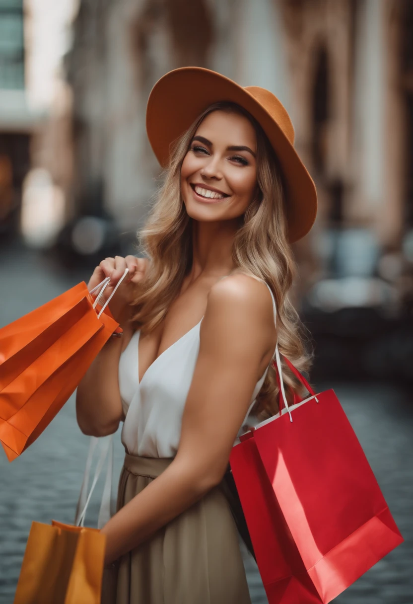 cheerful woman with shopping bags, 4k, best quality, Babes