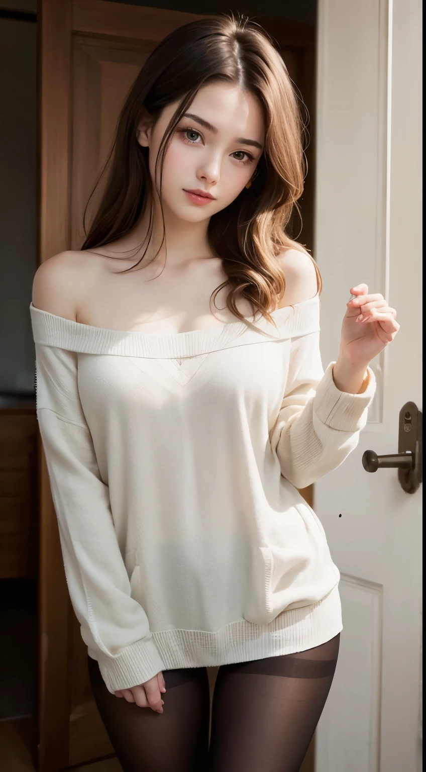 ulzzang-6500-v1.1, (Raw photo:1.2), (Photorealistic), (See-through:1.3), (Genuine: 1.4), 驚異的な美しさのRussian girls、Very beautiful shiny blonde hair、ocean blue eyes, ************、height　154cm、small、smile of shame、(Wearing a loose sweater:1.5)、Show your shoulders、clavicle、(smallパンティーを履いてください)、(Ultra-realistic pantyhose:1.3)、while opening the door、Russian Model, Russian girls, Neat and clean Russian woman, Russian Goddess, Raw photo, (In 8K、highest quality、masterpiece:1.2)、(Intricate details:1.4)、(Photorealistic:1.4)、Octane Rendering、Super detailedな複雑な 3D レンダリング, Soft studio light, Rim Light, Vivid details, Super detailed, Realistic skin texture, surface details, Beautiful eyes in every detail, Highly detailed CG Unity 16k wallpaper, Compensate, (Detailed Background:1.2),　Glowing Skin、Exposed thighs!!!、