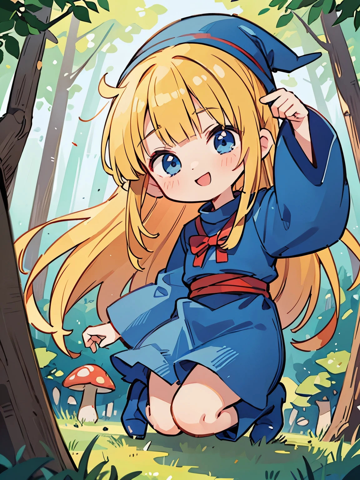 masterpiece, taller than,Anime Drawings,Very detailed, Absurd, Witch P123,One girl, alone, Blonde, Long Hair, blue eyes, blue boots, Blue clothes, Long sleeve,Have,In the woods, ojou-sama pose,smile,Open your mouth,Chibi,Red ribbon,Red waistband,mushroom