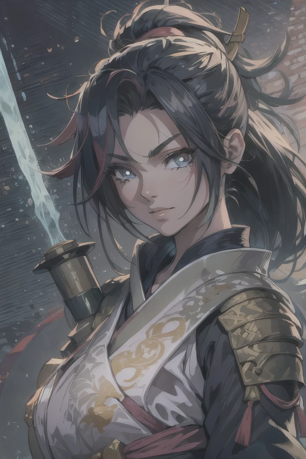 um desenho de uma mulher com uma roupa preta segurando uma espada, mulher loira com cabelos ultra longos e detalhados, loira, rosto ultra detalhado, alhos azuis brilhantes, inspirado em Kusumi Morikage, inspirado em Kanō Hōgai, inspirado em Kano Sanraku, inspired by Kawabata Ryūshi, samurai feminino, Japanese anime style, personagem de estilo anime