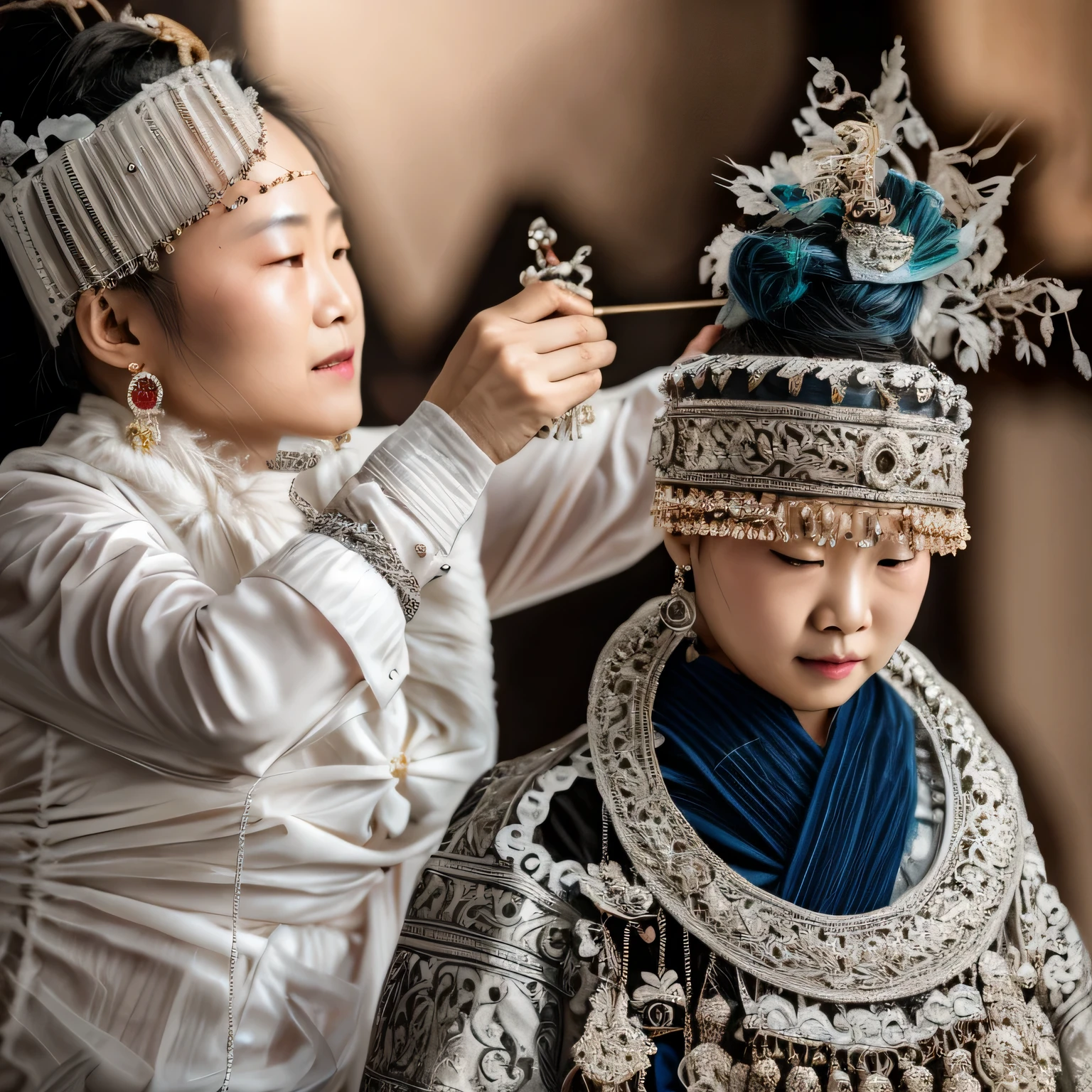 Portrait photography，Portrait Photography，Miao women wearing silver jewelry（Silver jewelry all over：1.5）Daughter wearing a silver hairpin，Super Detail，super real，Super quality，canon camera，raw,8k