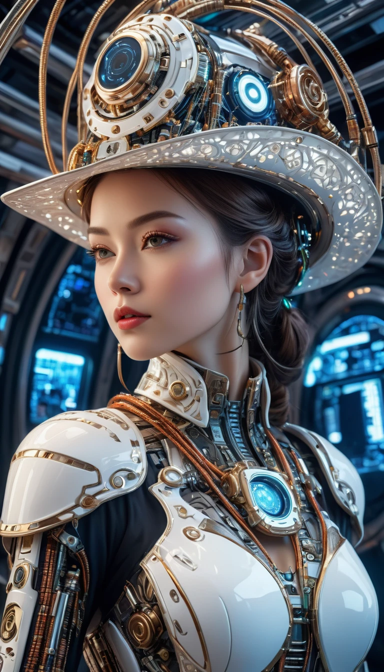 Complex 3D rendering ,Beautiful porcelain contoured mechanical Cowboy on spaceship, cyborg, integrated circuit parts, (Cowboy hat), rim light, lace, Vibrant details, Luxury Cyberpunk, hyperactual, anatomical, cable wires, microchip, elegant, Starry Sky, Inside the spaceship, octane rendering, 8k, best quality, masterpiece, illustration, extremely delicate and beautiful, Very detailed , CG, wallpaper, (actual, photo-actual:1.37), amazing, Science Fiction, Exquisite details, Electroplated silver