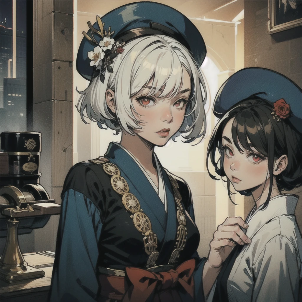 One girl, Fantasy, An illustration, Showa Era, White Hair Girl, Red eyes, blue beret,Flower of the other shore,steampunk,Japan,Red Eyes,bob hair,evening,nightclub market,Character portrait,Small people