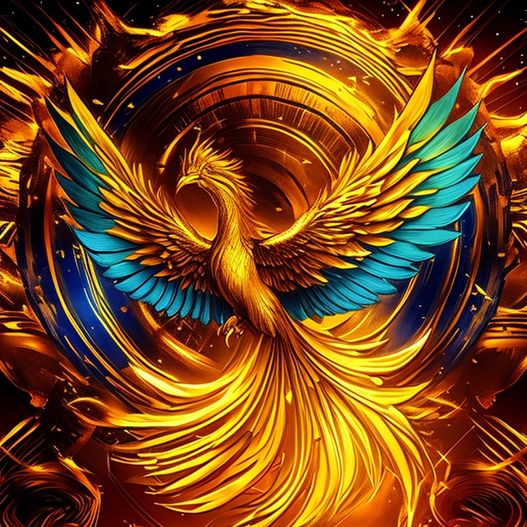 A golden bird with blue wings is flying on a golden background, phoenix artwork, Solarpunk Phoenix, Phoenix Rise, Phoenix Rise from the ashes, ''Phoenix Wallpapers, ''Phoenix Wallpapers resting, phoenix in fire, phoenix, With flaming golden wings, Phoenix Warrior, phoenix dragon, With flaming golden wings of flame, blue phoenix bird, Golden Feather