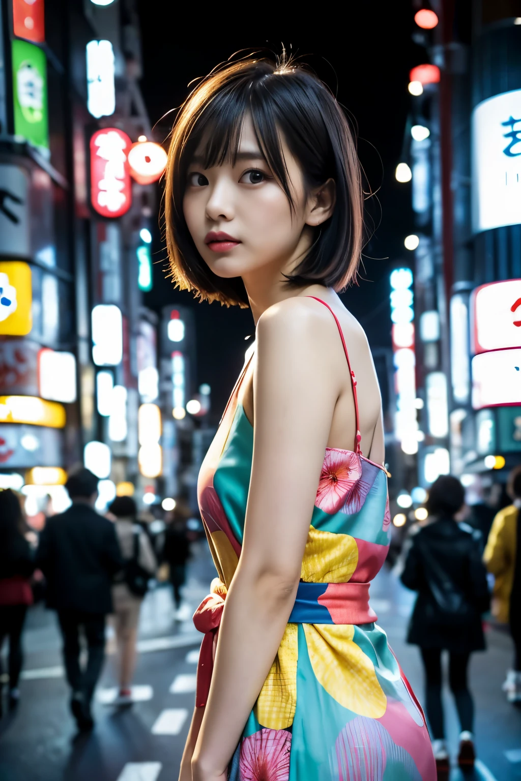 (((Tokyo:1.3, Night view, Photographed from the front))), ((Medium Bob:1.4, great style:1.3, Thin legs:1.2, colorful dress, Japanese women, cute)), (clean, Natural Makeup), (highest quality, masterpiece:1.3, 超High resolution), (Very detailed, Caustics), (Realistic:1.4, RAW shooting), very detailed, High resolution, 16K resolution