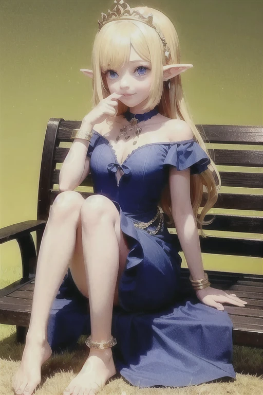 Blue dress, blonde girl, bench, with a flower on her hair, anime girl roleplay, anime roleplaying, elegant and charming roleplaying, elf princess, beautiful and elegant elf queen, roleplaying photos, cute and lazy princess, anime goddess, dressed in clothes, (gorgeous roleplaying), beautiful elf princess, anime princess, fantasy photography, princess without shoes, golden ankle bracelet.(best quality)), ((masterpiece)), (detailed),