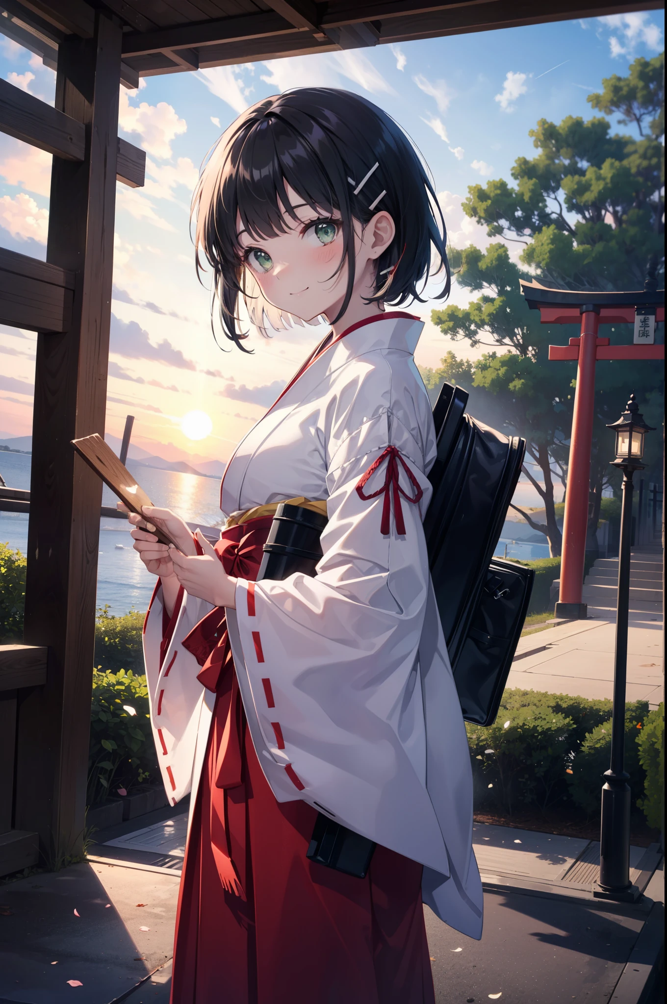 Suguhakirigaya, Suguhakirigaya, (Green Eyes:1.2), hair ornaments, Hair Clip, short hair,blush,smile, Black Hair,Platycodon grandiflorum,Miko, White Kimono, Large sleeves,red hakama,kimono, white foot bag,Zori sandals, Wide sleeves, Long sleeve, Ribbon-trimmed sleeves, evening,sunset,The sun is setting on the horizon,
break looking at viewer, (Cowboy Shot:1. 5)
break indoors,shrine,torii,coastal,
break (masterpiece:1.2), highest quality, High resolution, unity 8k wallpaper, (figure:0.8), (Beautiful fine details:1.6), Highly detailed face, Perfect lighting, Highly detailed CG, (Perfect hands, Perfect Anatomy),