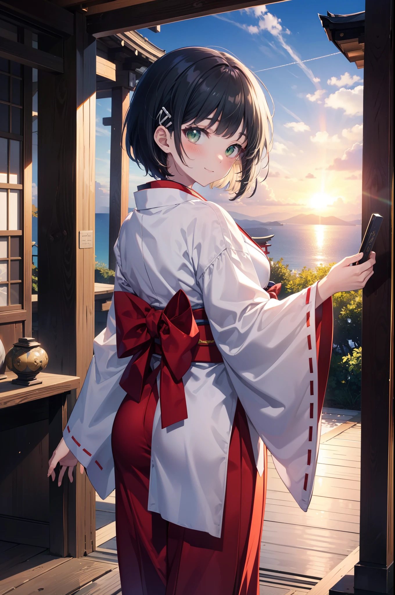 Suguhakirigaya, Suguhakirigaya, (Green Eyes:1.2), hair ornaments, Hair Clip, short hair,blush,smile, Black Hair,Platycodon grandiflorum,Miko, White Kimono, Large sleeves,red hakama,kimono, white foot bag,Zori sandals, Wide sleeves, Long sleeve, Ribbon-trimmed sleeves, evening,sunset,The sun is setting on the horizon,
break looking at viewer, (Cowboy Shot:1. 5)
break indoors,shrine,torii,coastal,
break (masterpiece:1.2), highest quality, High resolution, unity 8k wallpaper, (figure:0.8), (Beautiful fine details:1.6), Highly detailed face, Perfect lighting, Highly detailed CG, (Perfect hands, Perfect Anatomy),