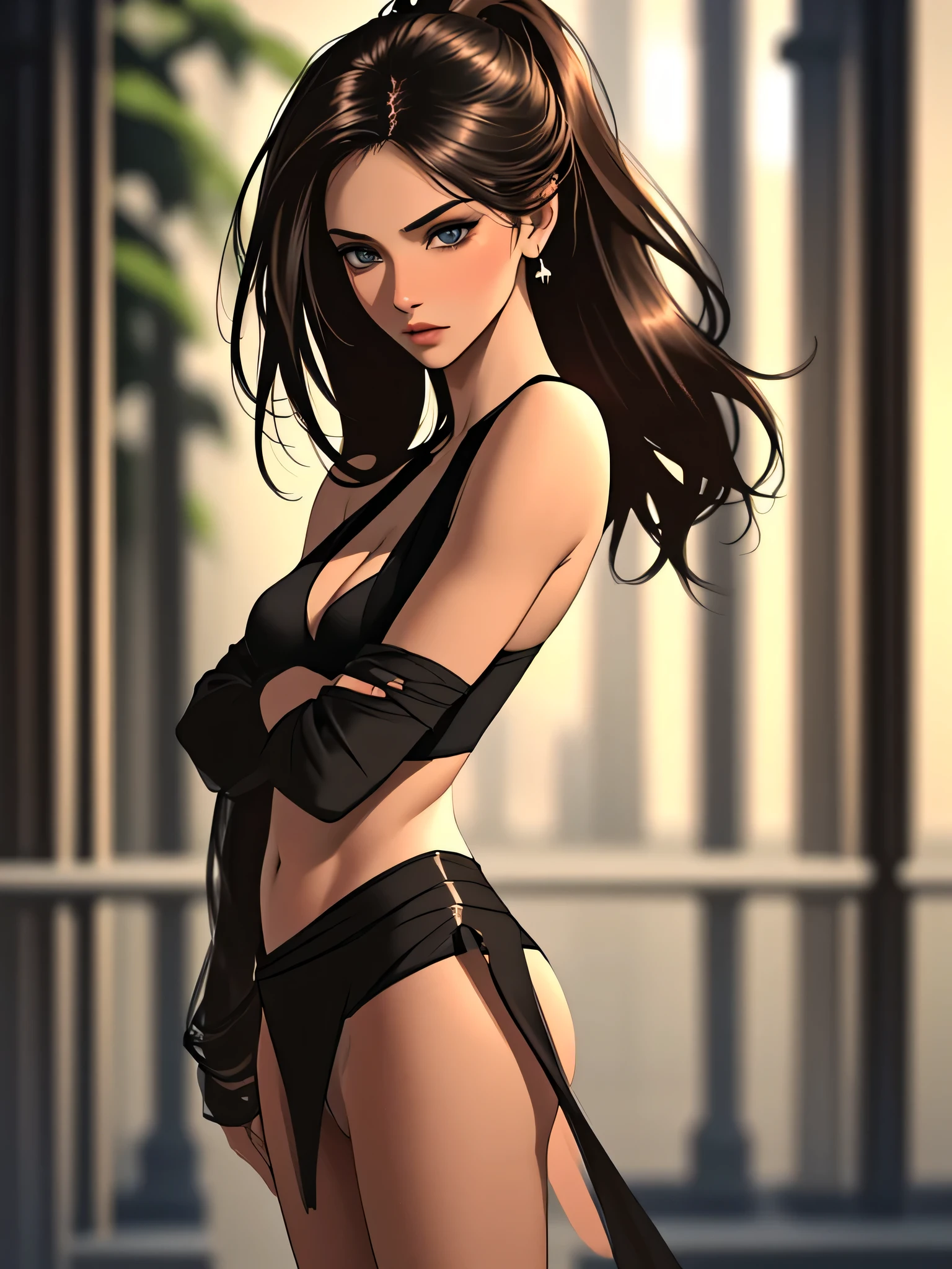 1 girl (Masterpiece, best quality, photorealistic, highres, photography:1.3), close-up portrait, sharp focus, 1 dark haired girls, European fashion models, flawless skin, slim feminine appearance, flat abdomen, slender abs, cleavage, messy hair, detailed hair strands, delicate sexy face, allure look, ((elegant girl, high society, detailed makeup, influencer, perfect skin)), outdoor fashion photoshoot, standing pose, ((realistic, ultra realistic, realism, realistic detail)), long black ponytail, hair between eyes, (tan skin, bronze skin) blue eyes, tan skin