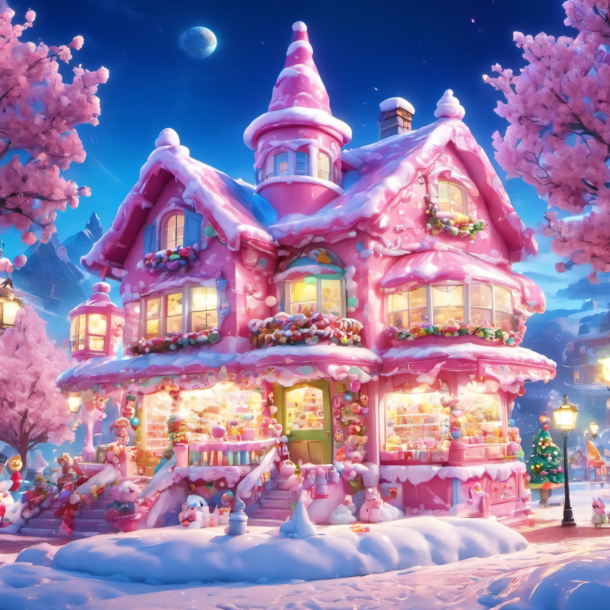 (long shot:2.0),(wide shot:2.0),#quality(8k,wallpaper of extremely detailed CG unit, masterpiece,hight resolution,top-quality,top-quality real texture skin,hyper realisitic,increase the resolution,RAW photos,best quality,highly detailed,the wallpaper),(cute candy house, surrounding with christmas tree with ornament and lighting), BREAK ,#background(huge candy is a small planet, there is many houses made by candy:2.0,),very cute world,(landscape:2.0),(everything is made by candy:2.0)