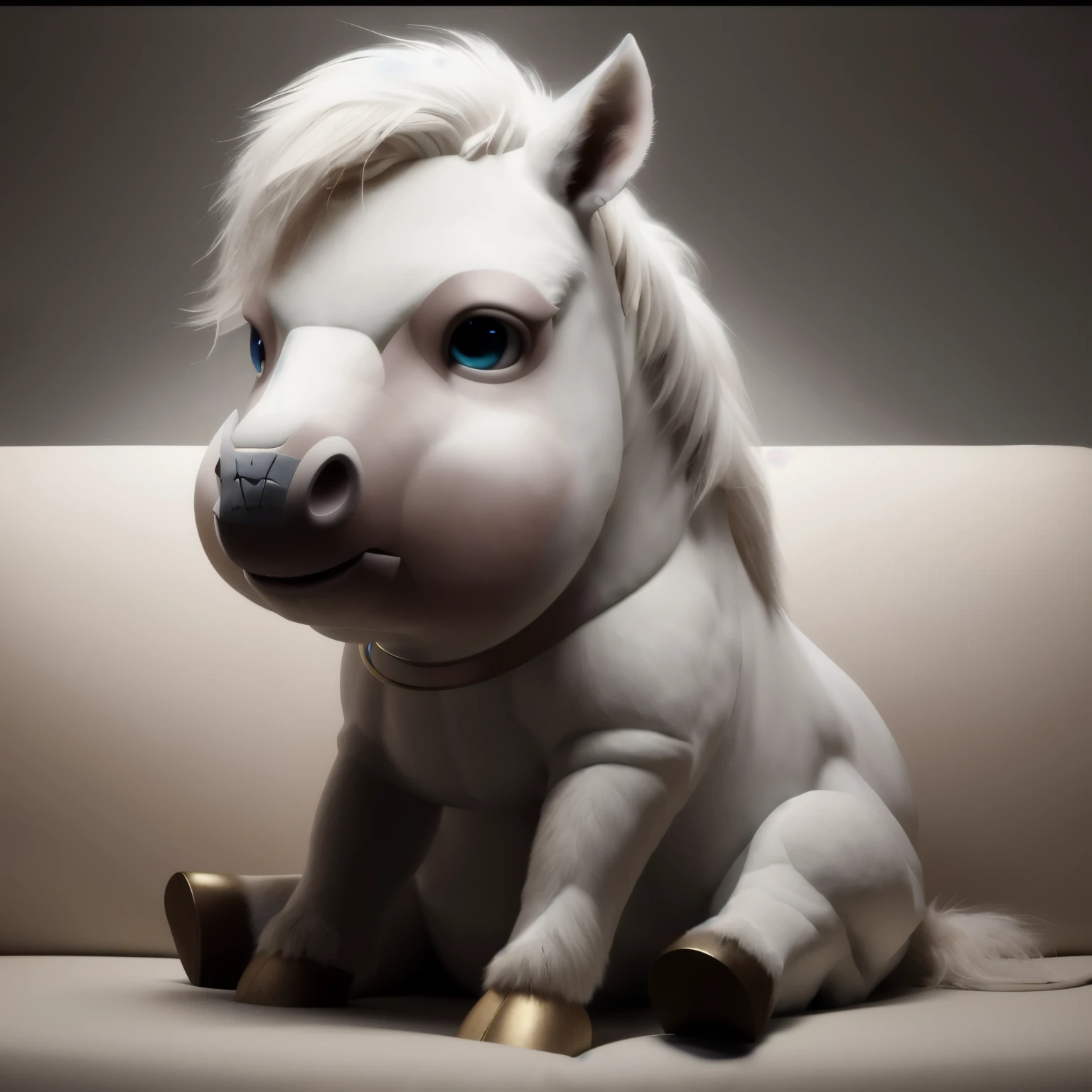 A white horse sitting on the sofa，With a ring in mouth, Cute numbers, unicorn from the tusk movie, Anthropomorphic horses, A cross between a mouse and a horse, man turning into pony, a unicorn, Surreal hybrid animals, Anthropomorphic mare, Super realistic picture, Inspired by Ron English, unicorn, Digital Art Animal Photos, pony