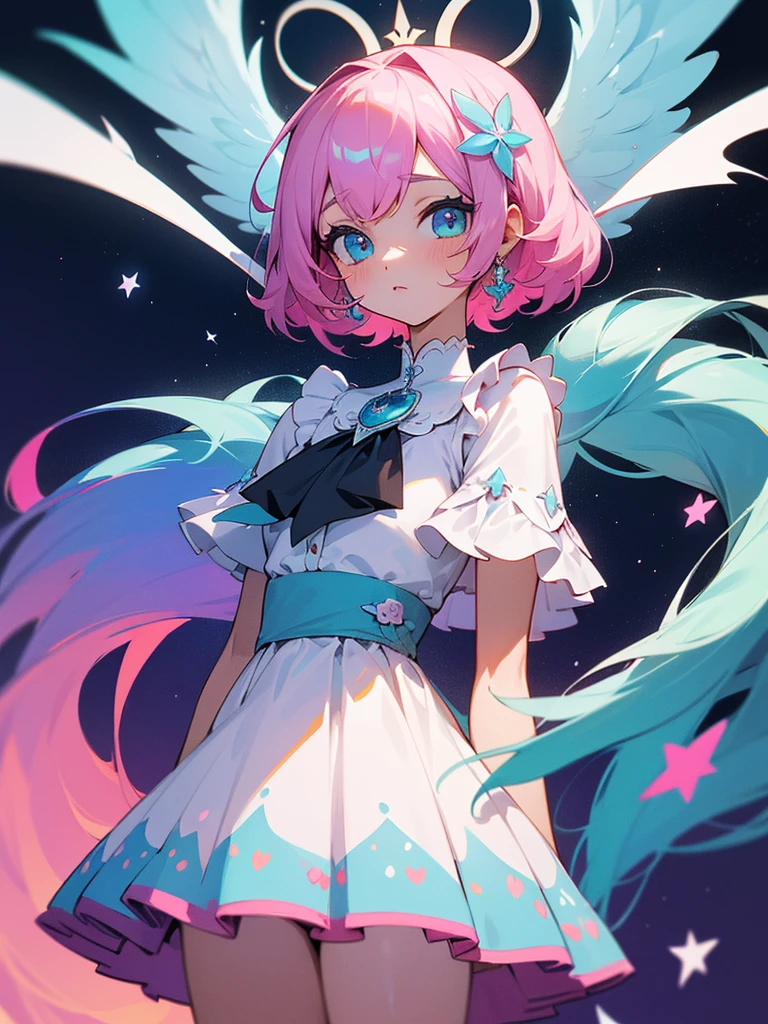 ((Chica estilo dibujo anime Kawaii femenina)),((vestido con volantes de color celeste con rosado)) ,((pelo corto a la altura de los hombros)), ((tono de cabello blanco con una ligera tonalidad celeste)), ((ojos color rosado)) , ((al costado de su cabeza tiene unas alas en tonos rosado)).