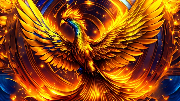 A golden bird with blue wings is flying on a golden background, phoenix artwork, Solarpunk Phoenix, Phoenix Rise, Phoenix Rise from the ashes, &#39;&#39;Phoenix Wallpapers, &#39;&#39;Phoenix Wallpapers resting, phoenix in fire, phoenix, With flaming golden wings, Phoenix Warrior, phoenix dragon, With flaming golden wings of flame, blue phoenix bird, Golden Feather