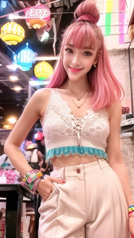 1GIRL, smily, smile, beautiful girl, neonpunk girl beautiful face, sassy theme style, fine details, (best quality), (intricate details), futuristic style, funky sporty style, colorful, neon arcade lit room, put it in the arcade, ((red pink hair)), best quality, ((sport lace up top, babylon trousers)), (beautiful style)), beautiful face, beautiful smile, funny, cute face, pinup, perfect face, neon arcade lit room (masterpiece : 1.2, top quality), (original image, intricate details), (1 woman, solo, upper body,  chest) Clothing: sharp, stylish, cool, fashionable, non-standard, avant-garde, experimental Appearance: hair popular women or cute colors, natural makeup, unusual fashion choices, idol stars Behavior: cool, non-conformist, stylish Place: neon arcade lit room, Underground Music World Hobbies: wants to have fun and colors colorful, creating art in mixed media, experimenting with subcultures Different values: individuality , authenticity, creative expression Sources of inspiration: beautiful and cute, counterculture icons, avant-garde art movements Character traits: bold, online, non-standard . Top image, middle image, front look