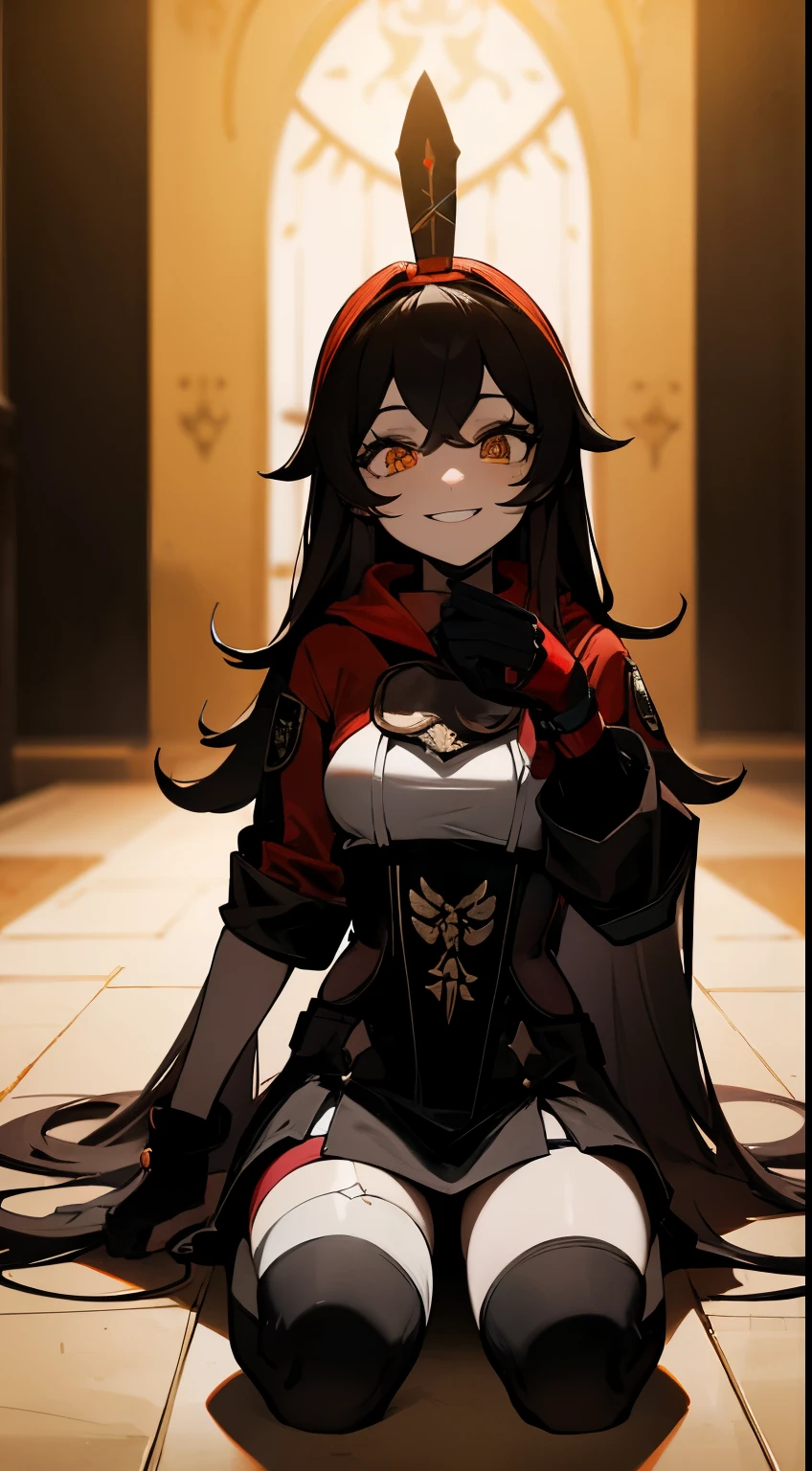 Amber possessed by the villain, olhos vermelhos brilhantes, dark horror scene , sitting on the floor with glowing ritual markings, menacing smile, looking in the hand, adolescente, em uma caverna escura