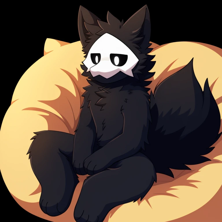  puro illustration, soft fluffy fur、male people、white eyes、Physical Normality、age21、white dot eyes, illstration style of only the upper body from the waist、doodle, bedroom background, black paws, black neck fluff, big fluffy black tail, happy adorable expression, very fluffy fur, sitting in a bean bag