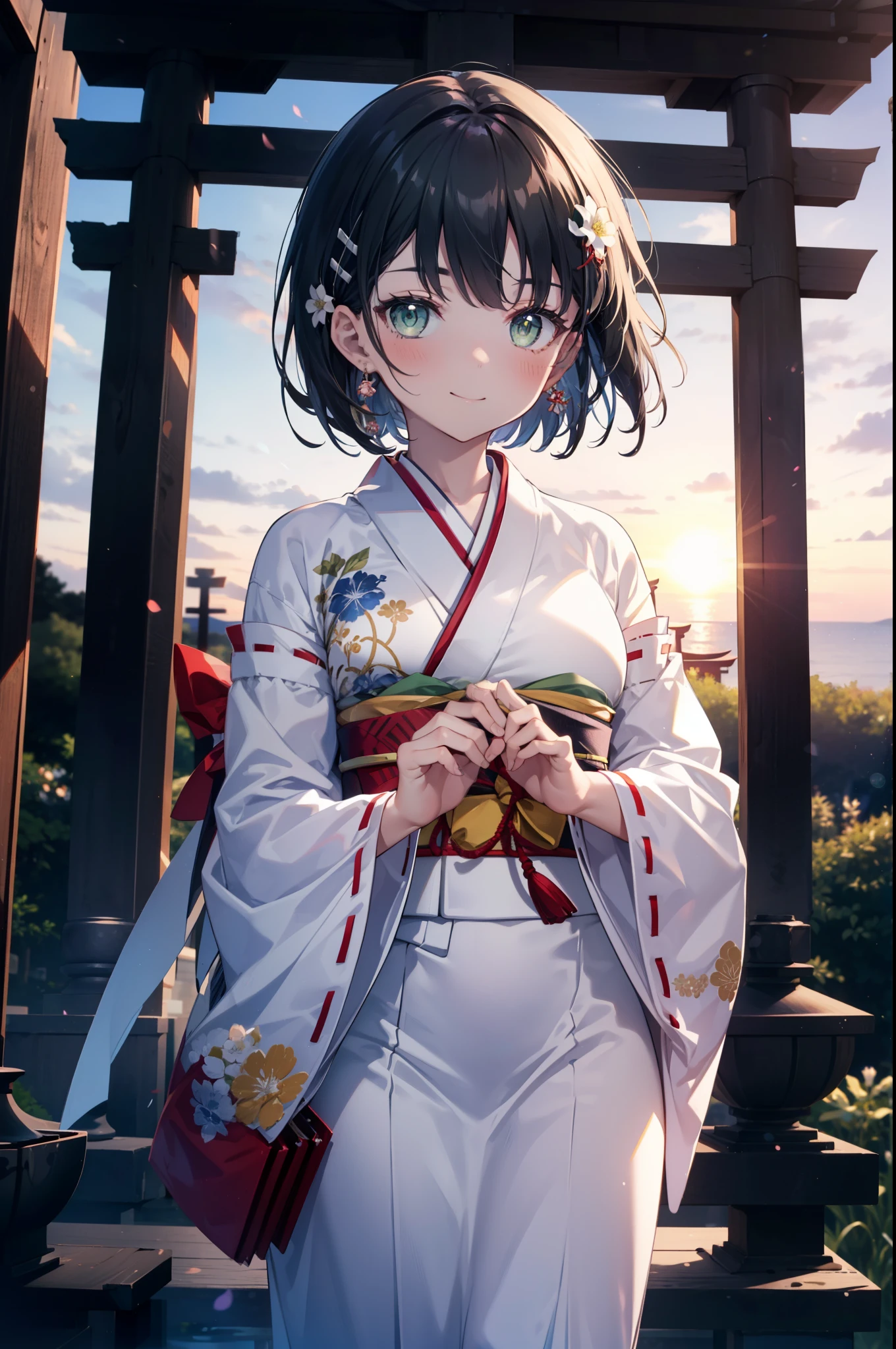 Suguhakirigaya, Suguhakirigaya, (Green Eyes:1.2), hair ornaments, Hair Clip, short hair,blush,smile, Black Hair,Platycodon grandiflorum,Miko, White Kimono, Large sleeves,red hakama,kimono, white foot bag,Zori sandals, Wide sleeves, Long sleeve, Ribbon-trimmed sleeves, evening,sunset,The sun is setting on the horizon,
break looking at viewer, (Cowboy Shot:1. 5)
break indoors,shrine,torii,coastal,
break (masterpiece:1.2), highest quality, High resolution, unity 8k wallpaper, (figure:0.8), (Beautiful fine details:1.6), Highly detailed face, Perfect lighting, Highly detailed CG, (Perfect hands, Perfect Anatomy),