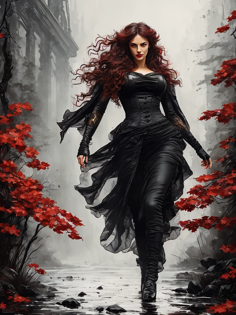 ((full body)) Victorian Hungarian black women Women of the 19th century, Hazel hair, Red lips, Nice feature, perfect face, perfect eyes, closed mouth, Wadim Kashin, James gurney, ink, Splash Art", Amazing beauty , Royo, after sexing, Super detailed splash art modern European ink painting, masterpiece, ultra HD