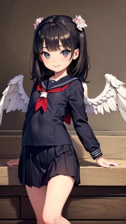 ((masterpiece)),((highest quality)),((Anatomical)),((Realistic)),((Detailed Description)),((cute)),((女の子のcute部屋)),(((fallen Angel))),((Beautiful eyes)),(()),((Petite)),((Bewitching Smile)),((Jet-black wings)),((Sailor suit)),((skirt)),