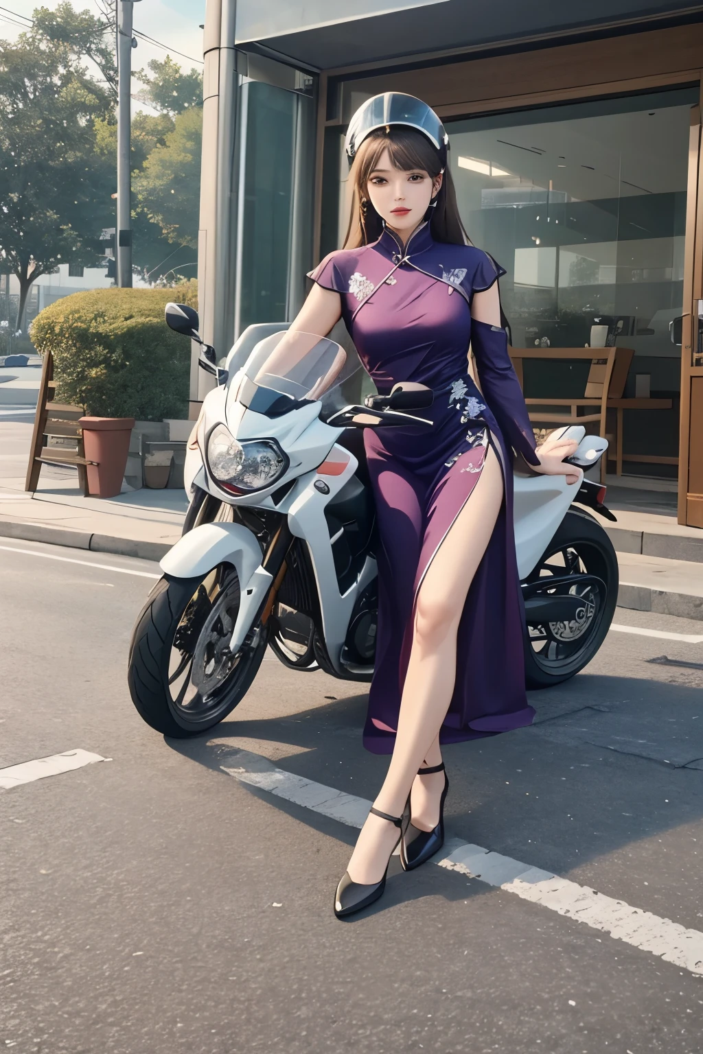 ((best quality)), ((masterpiece)), (detailed), best quality, masterpiece, Realistic photos, Intricate details, original photo, Full body image, Dark purple style long cheongsam, Wearing on head(White motorcycle full face helmet), Positive view, Movie Lighting