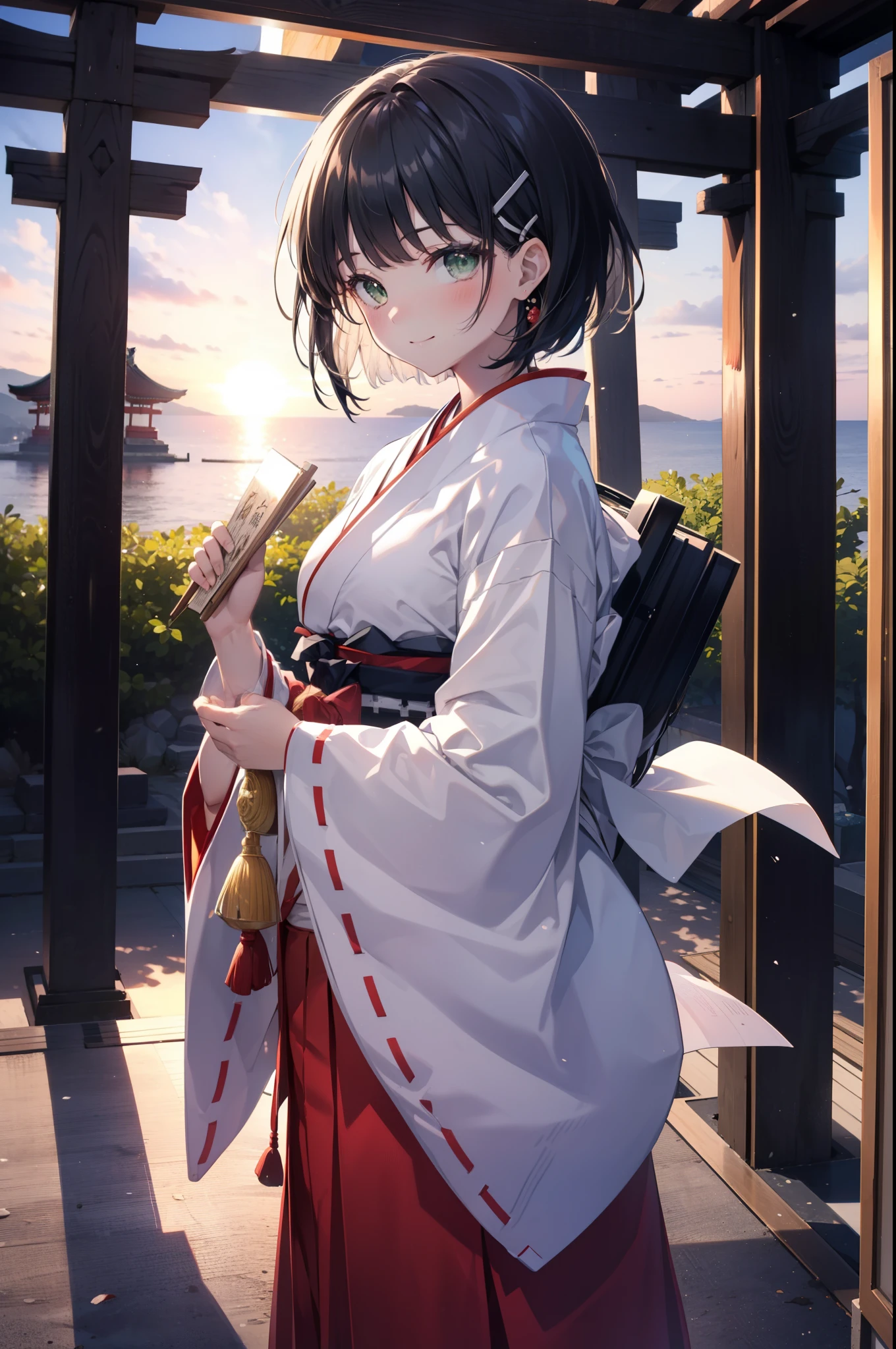 Suguhakirigaya, Suguhakirigaya, (Green Eyes:1.2), hair ornaments, Hair Clip, short hair,blush,smile, Black Hair,Platycodon grandiflorum,Miko, White Kimono, Large sleeves,red hakama,kimono, white foot bag,Zori sandals, Wide sleeves, Long sleeve, Ribbon-trimmed sleeves, evening,sunset,The sun is setting on the horizon,
break looking at viewer, (Cowboy Shot:1. 5)
break indoors,shrine,torii,coastal,
break (masterpiece:1.2), highest quality, High resolution, unity 8k wallpaper, (figure:0.8), (Beautiful fine details:1.6), Highly detailed face, Perfect lighting, Highly detailed CG, (Perfect hands, Perfect Anatomy),