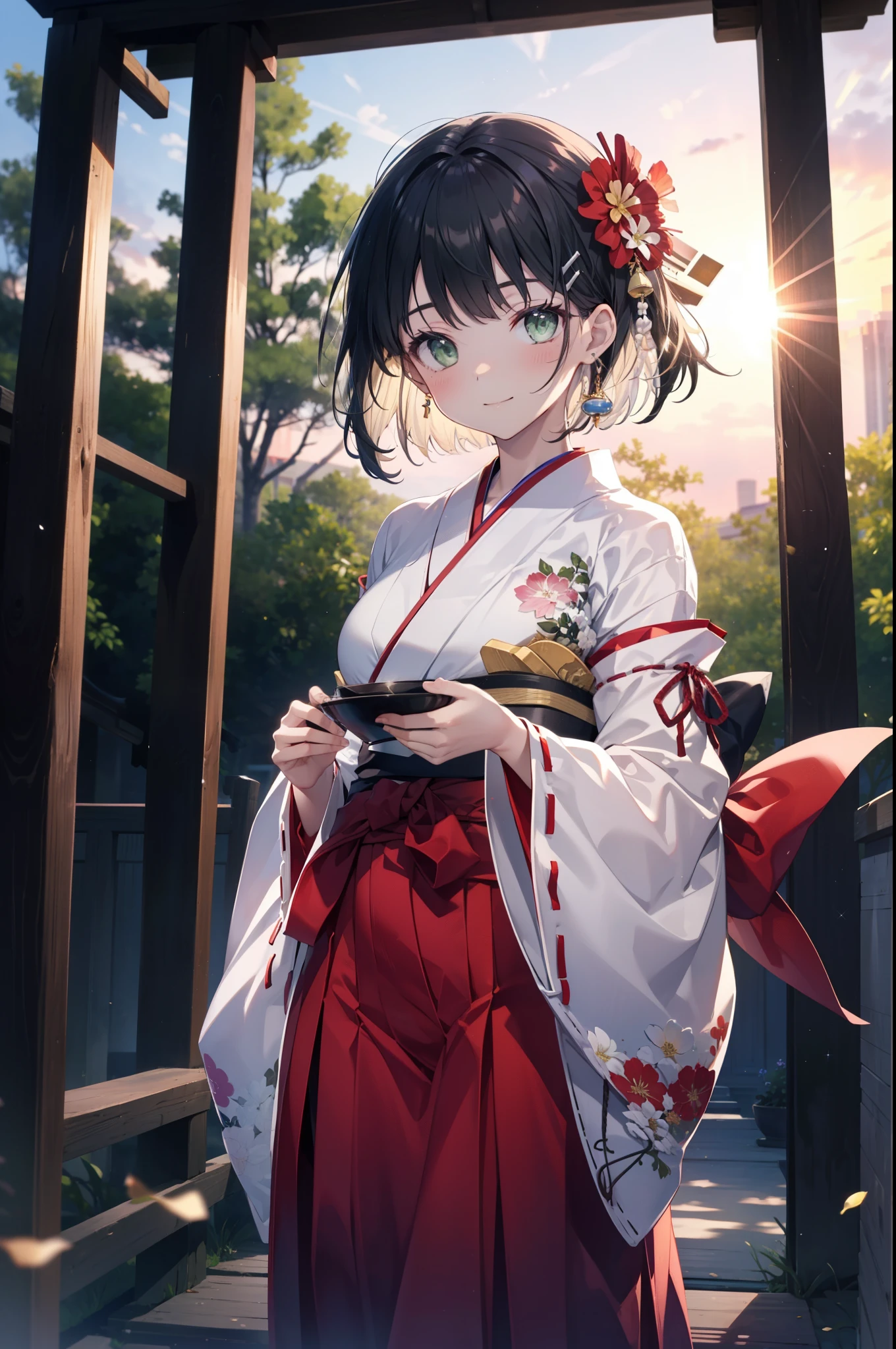 Suguhakirigaya, Suguhakirigaya, (Green Eyes:1.2), hair ornaments, Hair Clip, short hair,blush,smile, Black Hair,Platycodon grandiflorum,Miko, White Kimono, Large sleeves,red hakama,kimono, white foot bag,Zori sandals, Wide sleeves, Long sleeve, Ribbon-trimmed sleeves, evening,sunset,The sun is setting on the horizon,
break looking at viewer, (Cowboy Shot:1. 5)
break indoors,shrine,torii,coastal,
break (masterpiece:1.2), highest quality, High resolution, unity 8k wallpaper, (figure:0.8), (Beautiful fine details:1.6), Highly detailed face, Perfect lighting, Highly detailed CG, (Perfect hands, Perfect ),