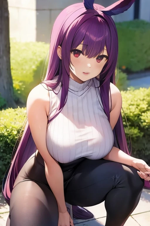 Purple hair, long hair, red eyes, beautiful and well-shaped face, big breasts, firm body, big butt, thick thighs, wide open thighs, crouching, vertical gray vertical sweater, purple pants, 