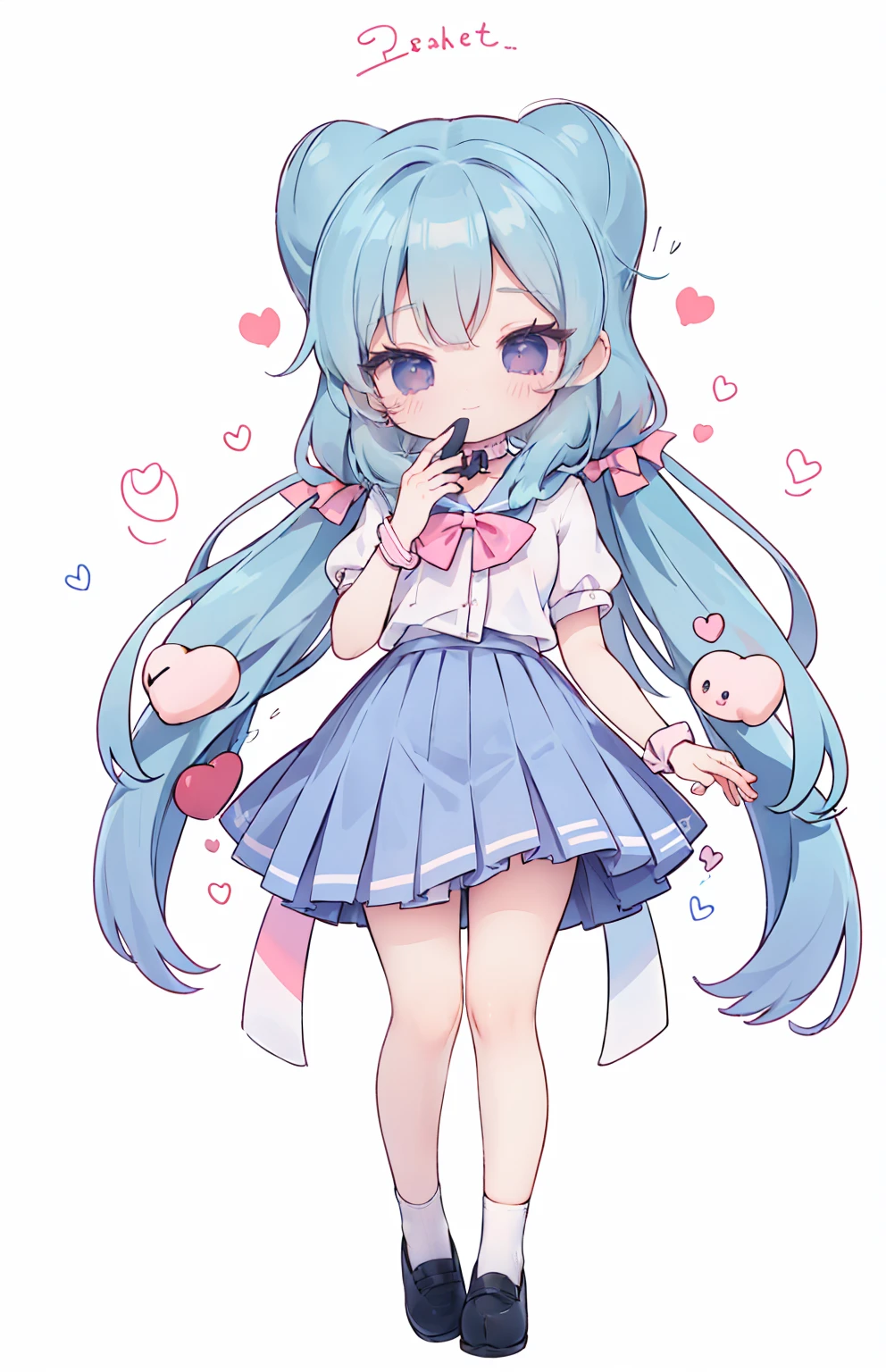 masterpiece, best quality, high resolution, aabeta, double, white simple background, standing, slim waist, cute, sailor uniform, pink bow tie, blue skirt, (PastelColors: 1.3), cute (chibi: 1.3)