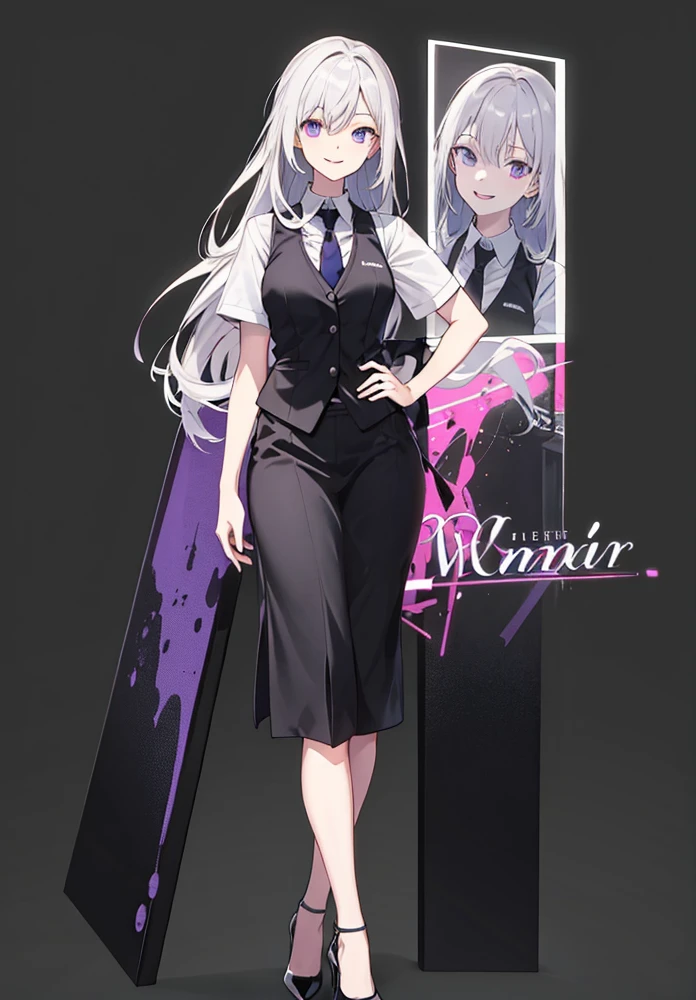 purple,Semi-long hair,woman,bartender,suit,Black vest,Shirt with rolled up sleeves,tie,High heels,,Simple Background,smile,whole body,Full Body,full body,Character portrait,vtuber,upright,,Standing upright with face and body facing forward,
