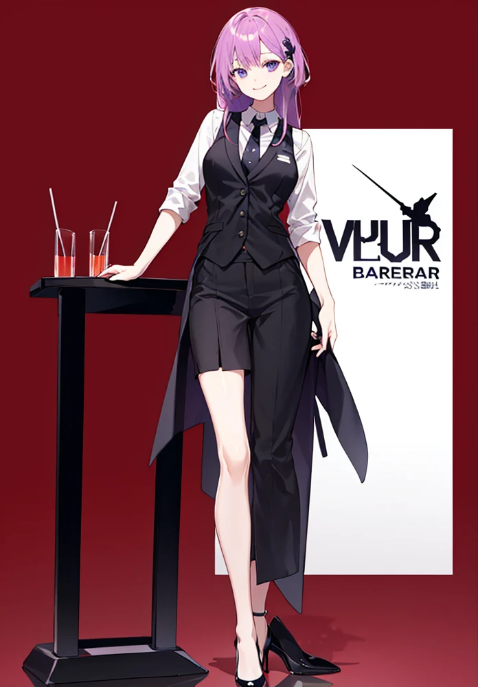 purple,Semi-long hair,woman,bartender,suit,Black vest,Shirt with rolled up sleeves,tie,High heels,,Simple Background,smile,whole body,Full Body,full body,Character portrait,vtuber,upright,,Standing upright with face and body facing forward,