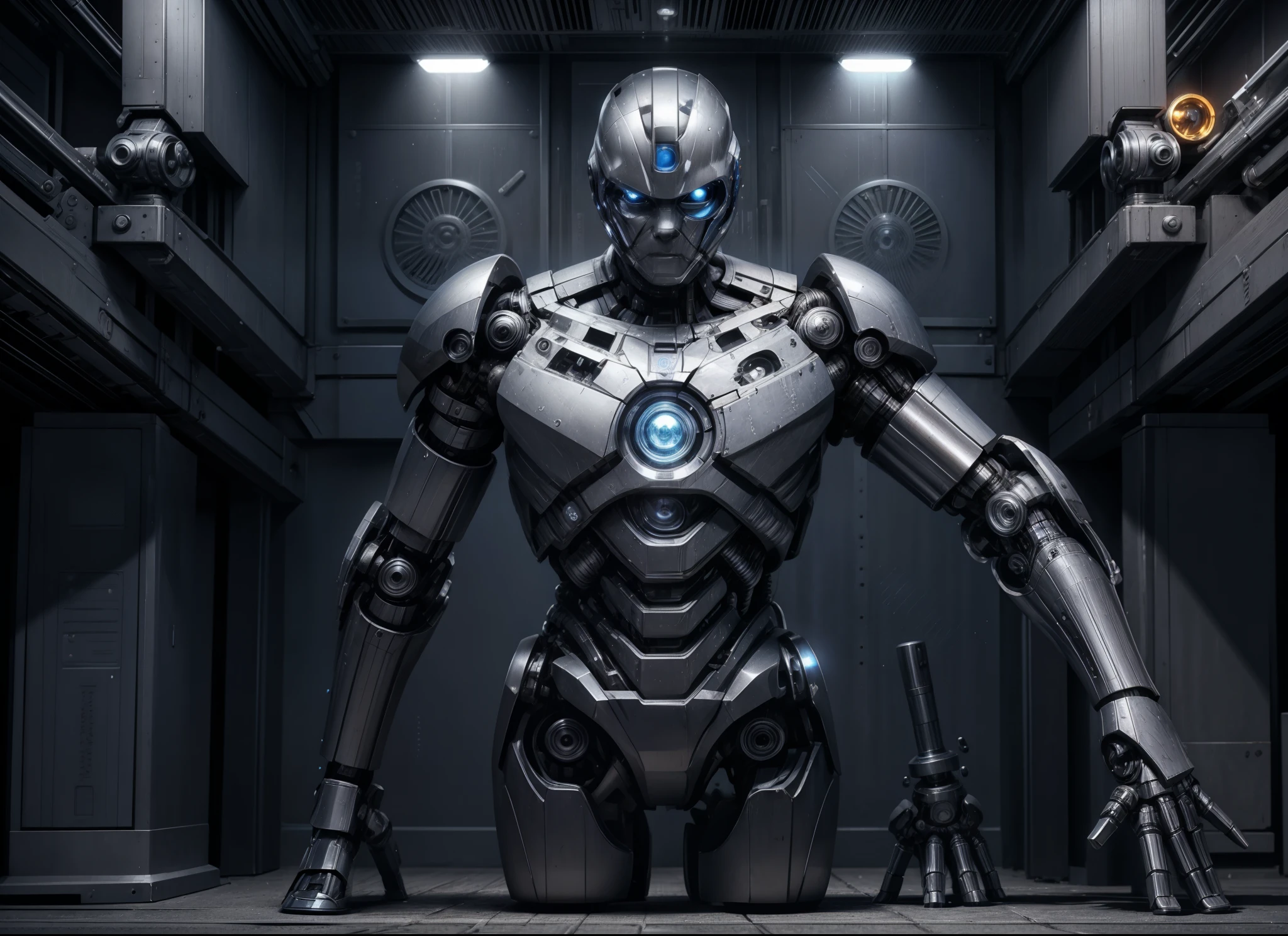 extremely detailed robotic eye,metallic body,shiny silver surface,R2-D2-like appearance,mechanical joints and gears,cutting-edge technology,advanced AI capabilities,interacting with humans,performing complex tasks,highly efficient and precise movements,sci-fi concept art,technological innovation,blue and silver color scheme,dynamic and futuristic lighting