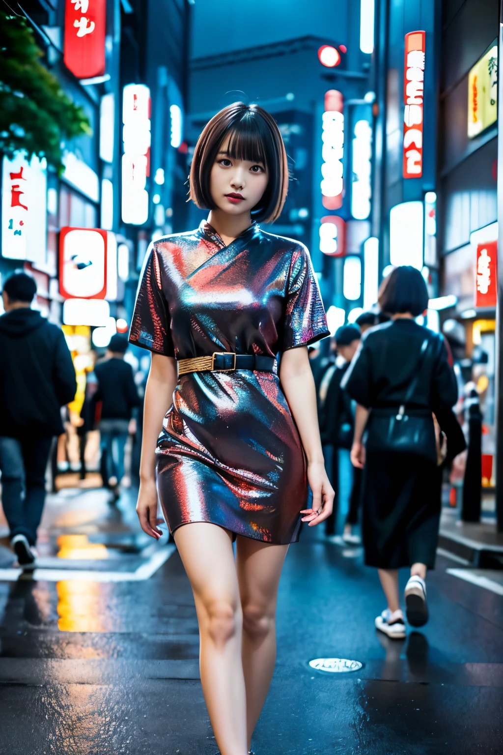 (((Tokyo:1.3, Night view, Photographed from the front))), ((Medium Bob:1.4, great style:1.3, Thin legs:1.2, colorful dress, Japanese women, cute)), (clean, Natural Makeup), (highest quality, masterpiece:1.3, 超High resolution), (Very detailed, Caustics), (Realistic:1.4, RAW shooting), very detailed, High resolution, 16K resolution