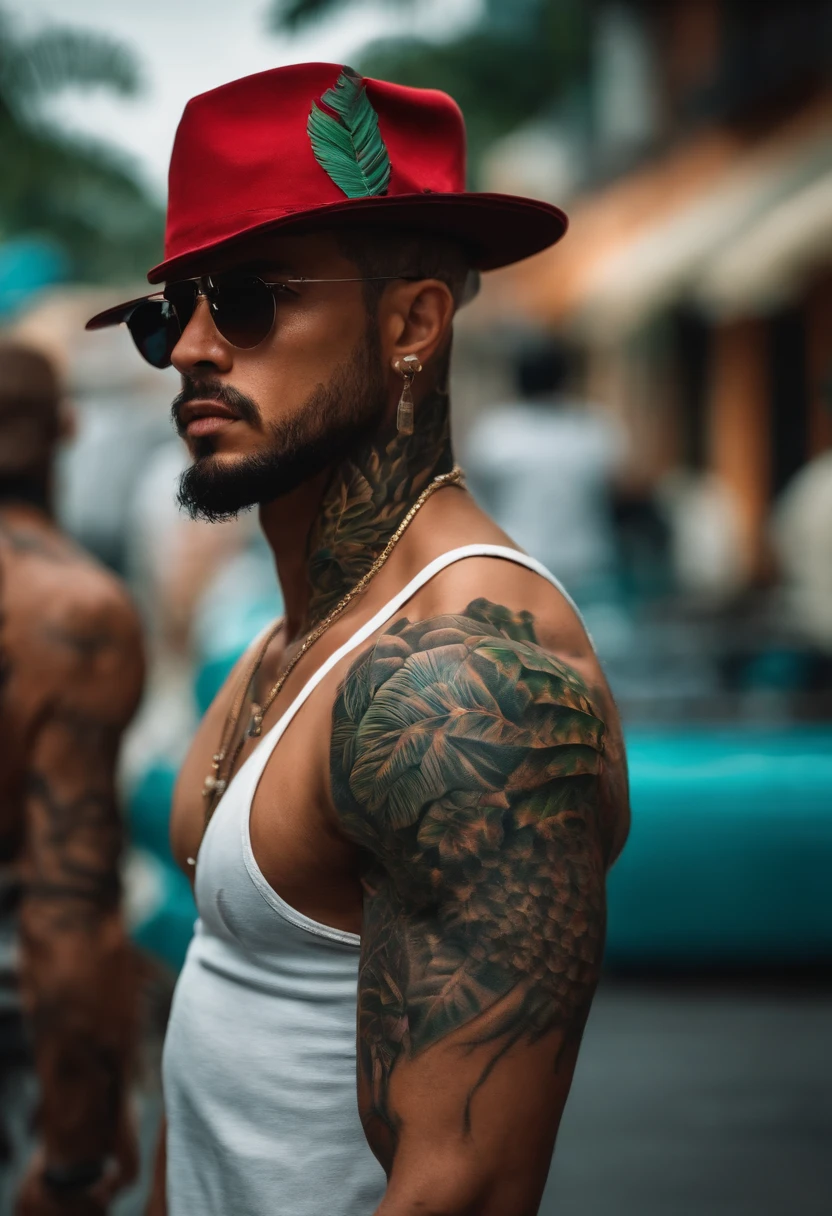 CRIMINOSO BRASILEIRA, TATUADA, gangster, ROUPAS TROPICAIS, hiper-realista, dynamic position, SENTADA NA RUA