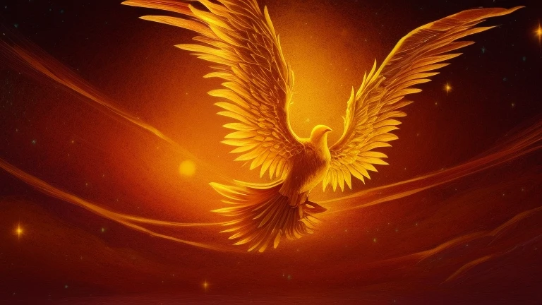 Close-up of a golden bird flying in the sky, Golden Wings, Solarpunk Phoenix, Phoenix Rise, ''Phoenix Wallpapers, ''Phoenix Wallpapers resting, Golden Wings, Phoenix Rise from the ashes, with fiery Golden Wings, phoenix artwork, with fiery Golden Wings of flame, Golden Feather, The background is like heaven, Eagle Wings, phoenix